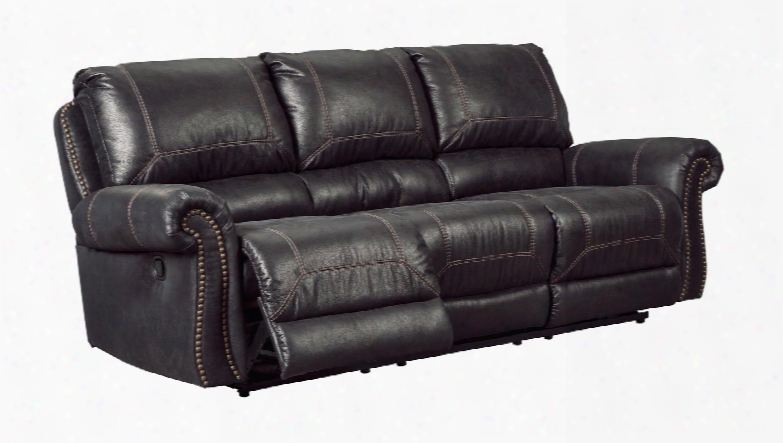 Milhaven 6330388 89" Reclining Sofa With Nail Head Trim Rolled Arms Jumbo Stitching Split Back Cushion Pu Leather And Fabric Upholstery In Black