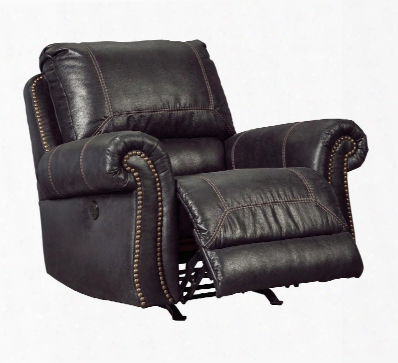 Milhaven 6330398 42" Power Rocker Recliner With Nail Head Trim Rolled Arms Jumbo Stitching Split Back Cushion Pu Leather And Fabric Upholstery In Black