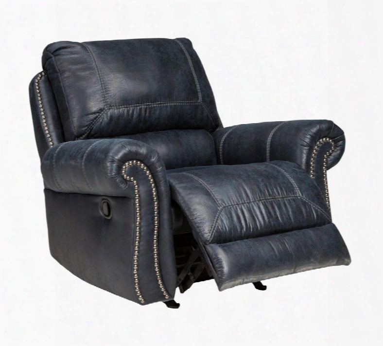 Milhaven 6330425 42" Rocker Recliner With Nail Head Trim Rolled Arms Jumbo Stitching Split Back Cushion Pu Leather And Fabric Upholstery In Navy