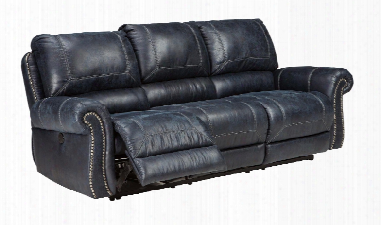 Milhaven 6330487 89" Reclining Power Sofa With Nail Head Trim Rolled Arms Jumbo Stitching Split Back Cushion Pu Leather And Fabric Upholstery In Navy