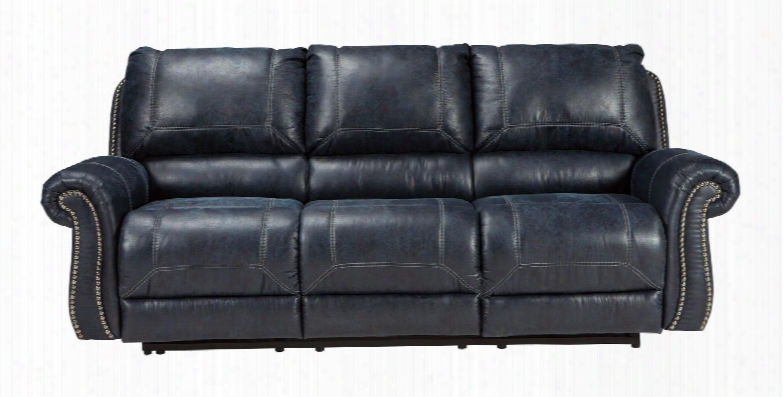 Milhaven 6330488 89" Reclining Sofa With Nail Head Trim Rolled Arms Jumbo Stitching Split Back Cushion Pu Leather And Fabric Upholstery In Navy