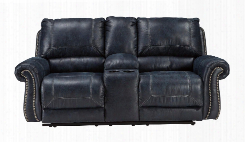 Milhaven 6330494 79" Reclining Loveseat Wih Double  Recliners Console Nail Head Trim Rolled Arms Jumbo Stitching Pu Leather And Fabric Upholstery In Navy