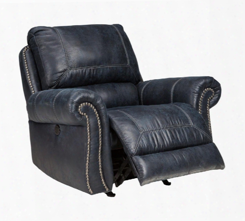 Milhaven 6330498 42" Power Rocker Recliner With Nail Head Trim Rolled Arms Jumbo Stitching Split Back Cushion Pu Leather And Fabric Upholstery In Navy