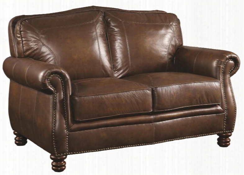 Montbrook Collection 503982 63" Loveseat With Rolled Arms Nail Head Trim Picture Frame Back Cushions And Le Ather Upholstery In Hand Rubbed Brown