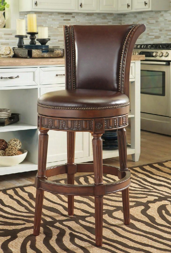 North Shore D553-230 45" Tall Swivel Stool With Faux Leather Upholstery Nail-head Accent And Detailed Stretcher In Dark