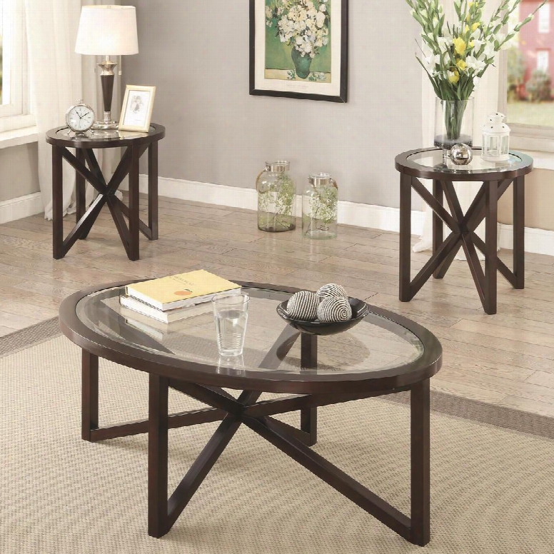 Occasional Table 701004 3 Pc Accent Table Set With 2 End Tables Coffee Table Beveled Tempered Glass Top And Asterisk Design Wood Base In Cappuccino