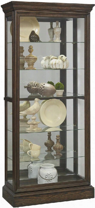 P021554 80" Hillsville Mirrored Two Way Sliding Door Curio With Four Adjustable Glass Shelves One Led Light With 3-way Touch Dimmer Switch Distressed