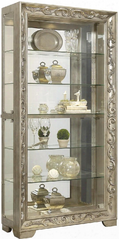 P021559 84" Scroll Side Entry Mirrored Curio With With Four Adjustable Glass Shelves One Led Light With 3-way Touch Dimmer Switch Distressed Detailing And