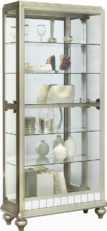 P021568 78" Mirrored Metallic Side Entry Curio With Four Adjustable Glass Shelves One Led Light With 3-way Touch Dimmer Switch Molding Detail In