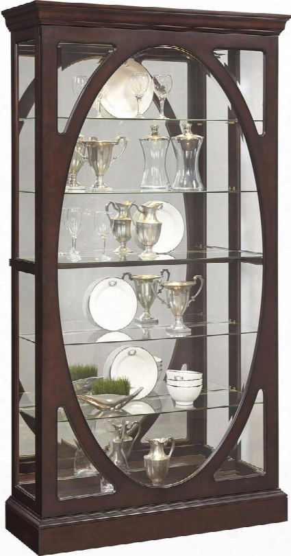 P021569 80" Sable Oval Framed Mirrored Curio With Four Adjjustable Glass Shelves Two Led Light With 3-way Touch Dimmer Switch Molding Detail In