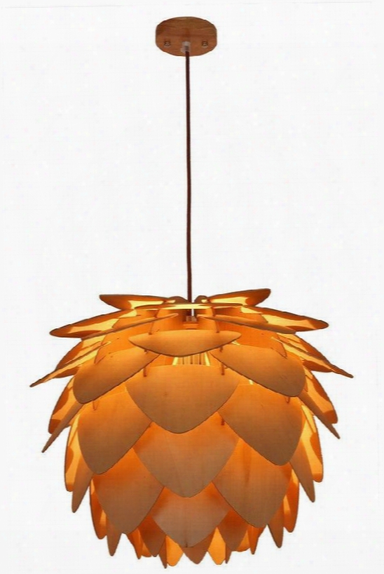 Petals Collection Ls-p163 18" X 15.5" Large Pendant Lmp With Brown Fabirc Cord Fully Dimmable Led Light Compatible And Wood Construction In Natural
