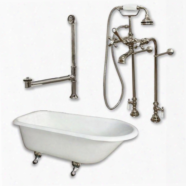 Rr61-398463-pkg-bn-nh Cast Iron Rolled Rim Clawofot Tub 61" X 30" With Complete Free Standing British Telephone Faucet And Hand Held Shower Brushed Nickel