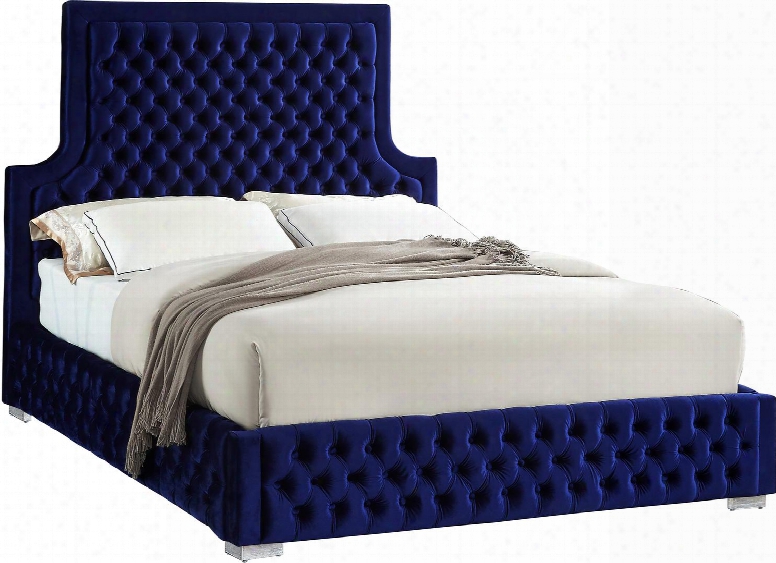 Sedona Sedonanavyk King Size Platform Bed With Detailed Deep Tufting Chrome Legs Full Slats And Velvet Upholstery In Navy