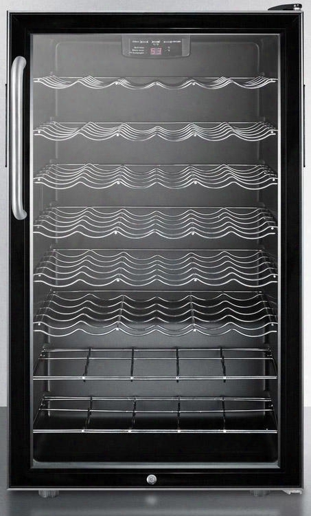 Swc525ltb Freestanding Glass Door Wine Cellar With 40 Bottles Capacity 6 Wine Shelvs Towel Bar Handle Self-moving Defrost And Factory Installed Lock In