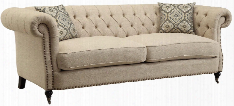 Trivellato 505821 93" Sofa With Button Tufted Back Large Rolled Arms Nail Heads Pillows Included Turned Front Legs Reversible Seat Cushions And Fabric