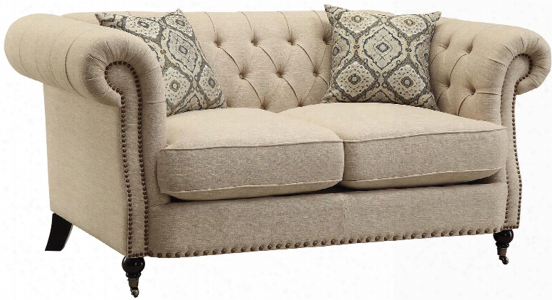 Trivellato 505822 69" Loveseat With Button Tufted Back Large Rolled Arms Nailheads Pilows Included Turned Front Legs Reversible Seat Cushions And Fabric