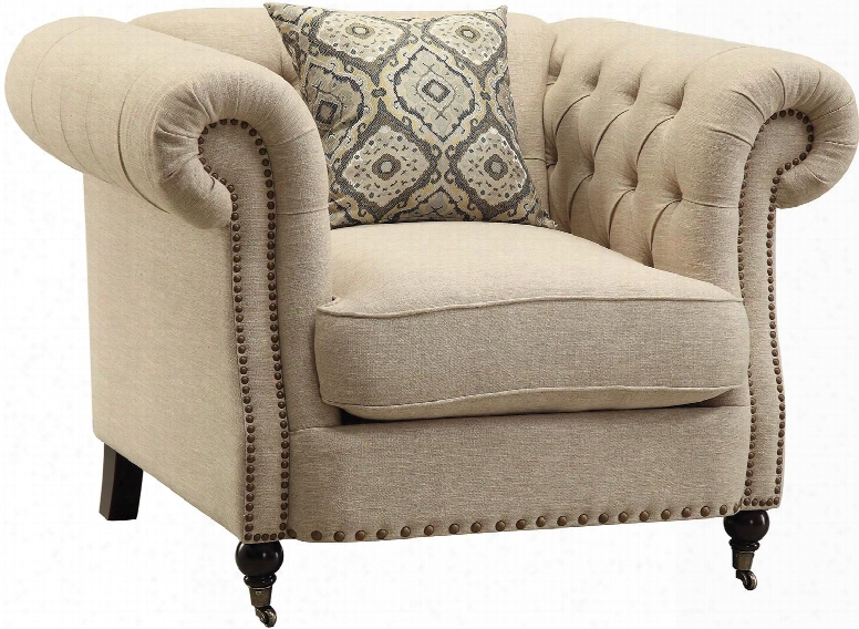 Trivellato 505823 46" Chair With Button Tufted Back Large Rolled Arms Nailheads Pillow Included Turned Frot Legs Reversible Seat Cushion And Fabric