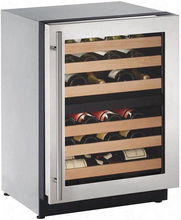U-2224zwcs-00b 24" 2000 Series Dual Zone Wine Cooler With 4.7 Cu. Ft. Capacity That Holds 43 Wine Bottles Black Interior With Led Lighting 6 Wooden Shelves