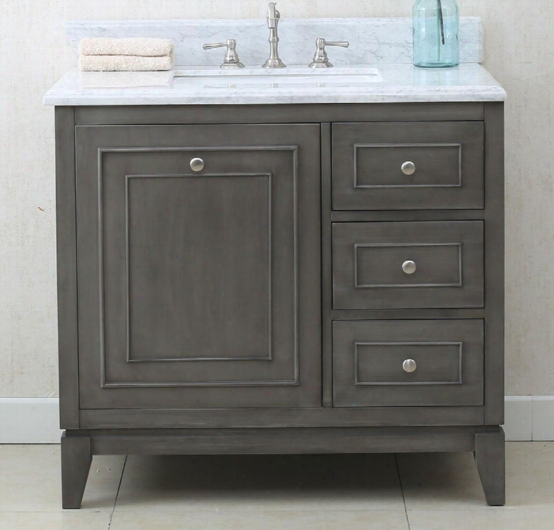 Wlf7034-36 36" Sink Vanity With Carrara Top 1 Soft Closing Door And 3 Pre-drilled Faucet Holes In Silver