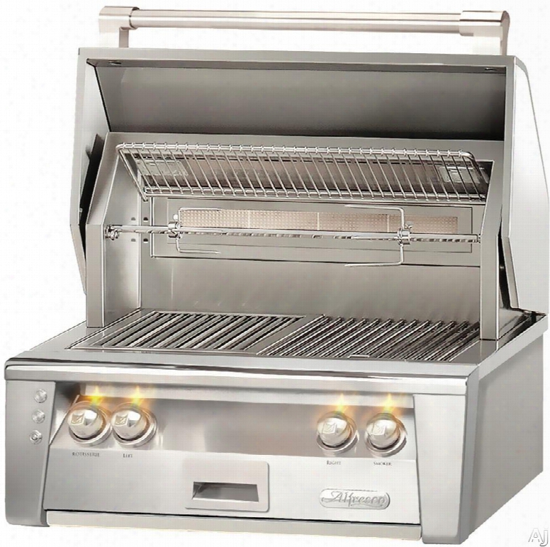 Alfresco Alxe30 30 Inch Built-in Grill With 542 Sq. In. Grilling Surface, Two 27,500 Btu Burners, Integrated Rotisserie, Smoker And Herb Infuser System, 3-position Warming Rack, Halogen Lighting, Nickel-plated Control Knobs And Stainless Steel Grates