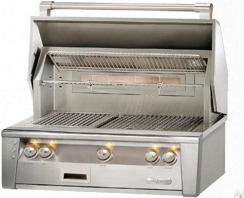 Alfresco Alxe36 36 Inch Built-in Grill With 660 Sq. In. Grilling Surface, Three 27,500 Btu Burners, Integrated Rotisserie, Smoker And Herb Infuser System, 3-position Warming Rack, Halogen Lighting, Nickel-plated Control Knobs And Stainless Steel Grates