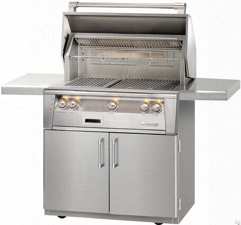 Alfresco Alxe36c 36 Inch Freestanding Grill With 660 Sq. In. Grilling Surface, Three 27,500 Btu Burners, Integrated Rotisserie, Smokr And Herb Infuser System, 3-position Warming Rack, Halogen Lighting, Nickel-plated Control Knobs And Stainless Steel Grat