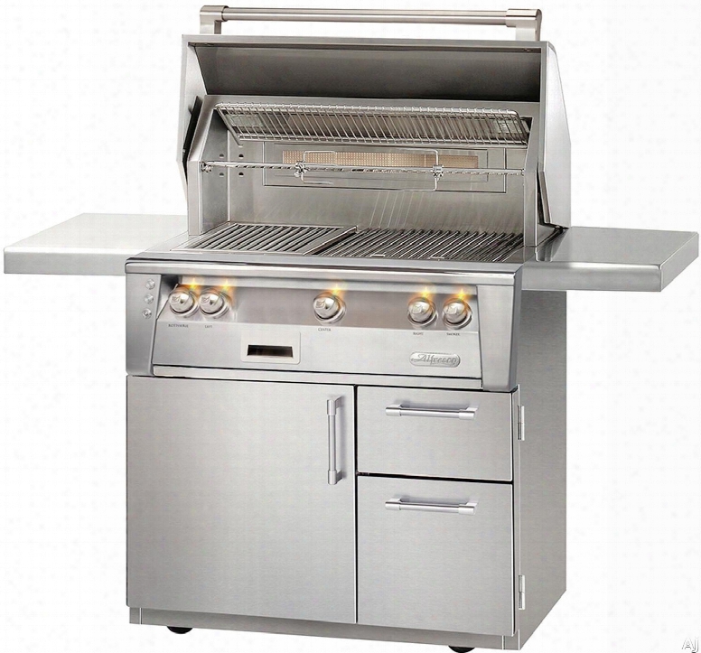 Alfrresco Alxe36szcd 36 Inch Grill With 660 Sq. In. Grilling Surface, Three 27,500 Btu Main Burners, Infrared Sear Zone␞, Integrated Rotisserie Smoker And Herb Infuser System, 3-position Warming Rack, Halogen Lighting And Deluxe Cart