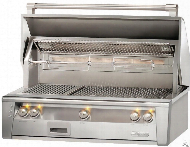Alfresco Alxe42 42  Inch Built-in Grill With 770 Sq. In. Grilling Surface, Three 27,500 Btu Burners, Integrated Rotisserie, Smoker And Herb Infuser System, 3-position Warming Rack, Halogen Lighting, Nickel-plated Control Knobs And Stainless Steel Grates