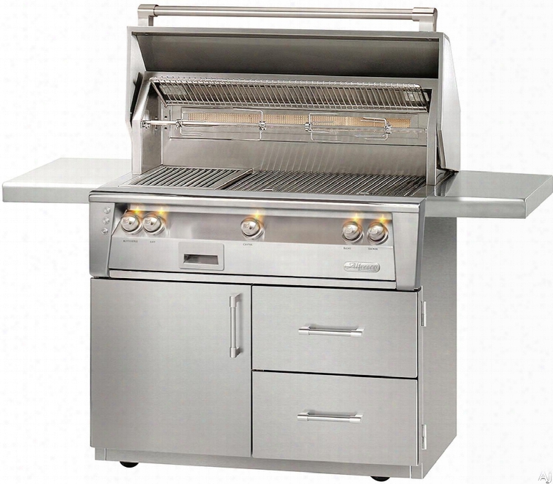 Alfresco Alxe42szcd 42 Inch Grill With 770 Sq. In. Grilling Surface, Three 27,500 Btu Burners, Infrared Sear Zone␞, Integrated Roisserie, Smoker And Herb Infuser System, 3-position Warming Rack, Halogen Lighting And Deluxe Cart