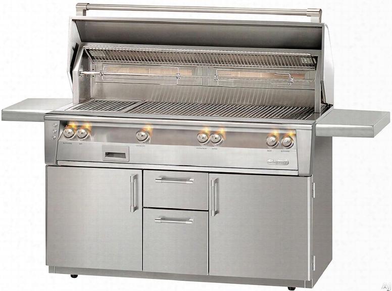 Alfresco Alxe56bfgc 56 Inch Freestanding Grill With 998 Sq. In. Grilling Surface, Three 27,500 Btu Main Burners, Infrared Sear Zone␞, Integrated Rotisserie, Smoker And Herb Infuser System, 3-position Warming Rack And Halogen Lighting