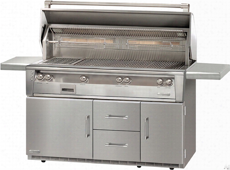 Alfresco Alxe56bfgr 56 Inch Grill With 998 Sq. In. Grilling Surface, Three 27,500 Btu Main Burners, Infrared Sear Zoneã¢â�žâ¢, Integrated Rotisserie, Smoker And Herb Infuser System, 3-position Warming Rack, Halogen Lighting And Refrigerated Cart