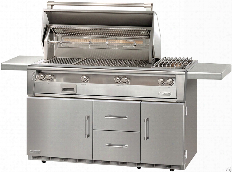 Alfresco Alxe56szr 56 Inch Grill With 770 Sq. In. Grilling Surface, Three 27,500 Btu Main Burners, Infrared Sear Zone␞, 20,000 Btu Side Burner, Integrated Rotisserie, Smoker And Herb Infuser System, 3-position Warming Rack, Halogen Lighting And Refr