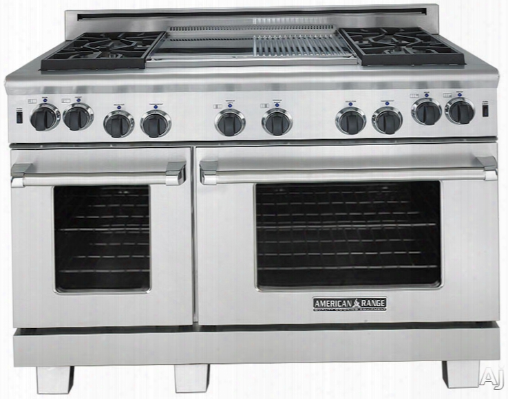 American Range Cuisine Series Arr448gdgr 48 Inch Freestanding Gas Range With 4 Sealed Burners, 17,000 Btu, 4.4 Cu. Ft. Convection Ooven, 2.4 Cu. Ft. Secondary Oven, 11 Inch Grill, 11 Inch Griddle And Continuous Cast Iron Grates