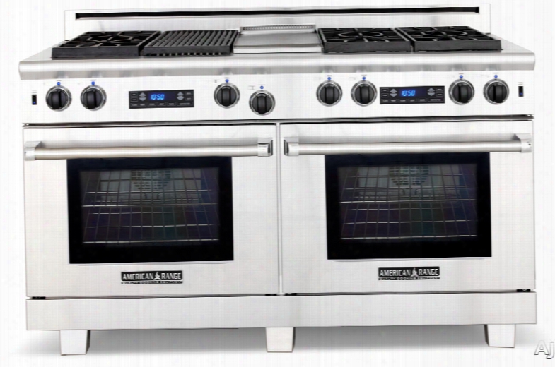 American Range Me Dallion Series Arr606gdgrdf 60 Inch Pro-style Dual-fuel Range With 6 Sealed Burners, 4.7 Cu. Ft. Innovection Ovens, Self-clean, Infrared Broiler, Griddle, Grill And Electronic Keypad