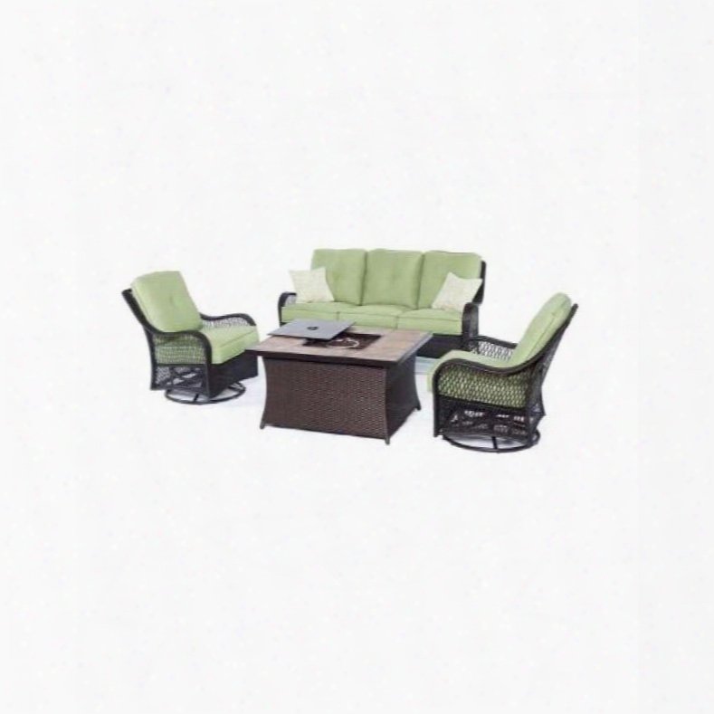 Hanover Outdoor Orleans4pcfp-grn-b Orleans 4-piece Woven Lounge Set With Fire Pit Table In Avocado G