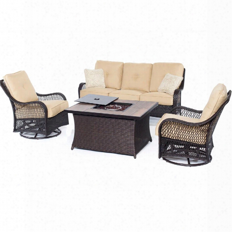 Hanover Outdoor Orleans4pcfp-tan-a Orleans 4-piece Woven Lounge Set With Fire Pit Table In Sahara Sa