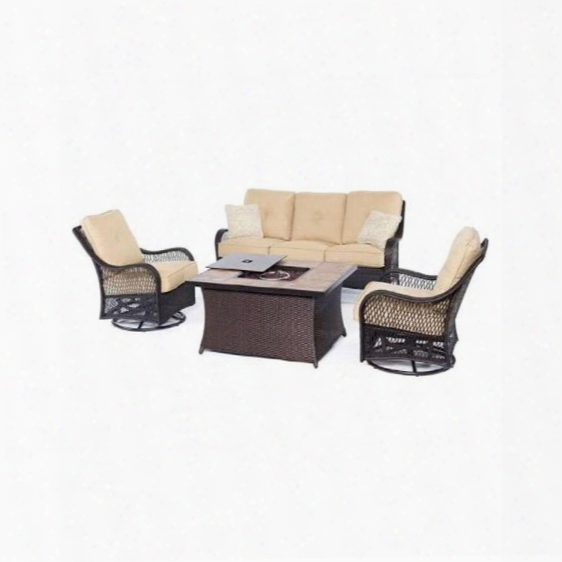 Hanover Outdoor Orleans4pcfp-tan-b Orleans 4-piece Woven Lounge Set With Fire Pit Table In Sahara Sa