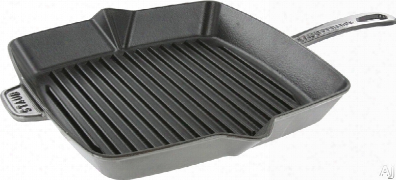 Staub 1202818 12 Inch Cast Iron Sqquare Grill Pan With Pour Spout, Induction Suitable, Oven Safe, Made In France, Dishwasher Safe And Ridged Surface: Grey