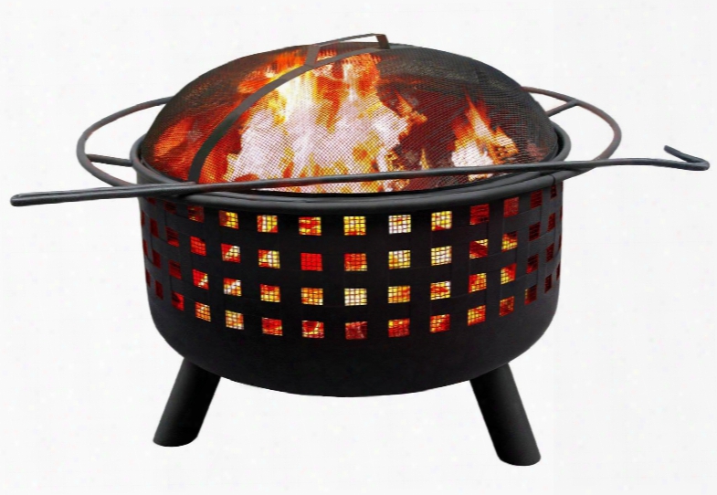 26314 City Lights Memphis Open Weave Firepit With 23.5" Large Fire Bowl Cooking Grate Spark Screen Decorative Cutouts And Steel Constructi On In