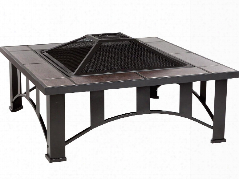 60243 Tuscan Tile Square Fire Pit With 23" Black Steel Fire Box Screen Lift Tool Wood Grate And Black