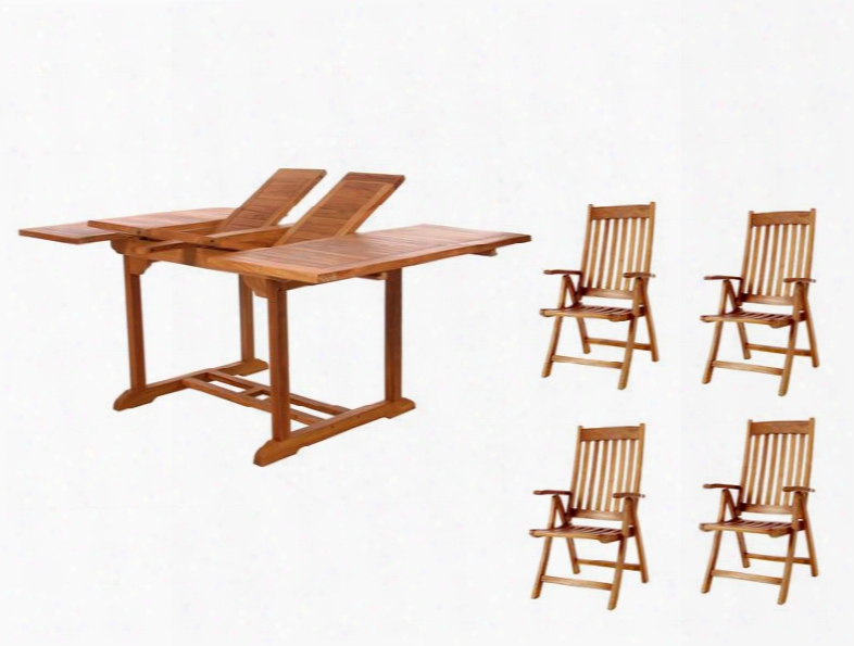 Td72-44 5-piece Patio Set With Butterfly Extension Table And Four Teak Folding Arm Chairs In Light Teak