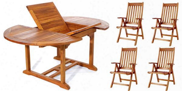 Te70-44 5-piece Patio Set With Oval Extension Table And Four Teak Folding Arm Chairs In Light Teak