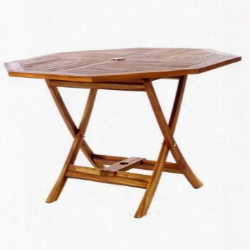 To48 48" Octagon Folding Table With Indonesian Teak Stretcher And Umbrella Hole In Light Teak