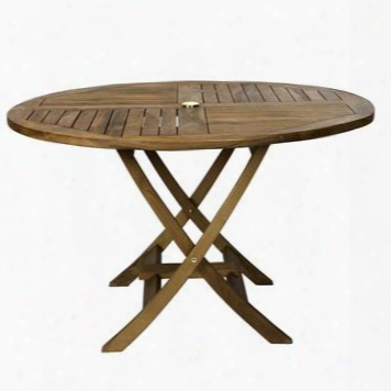 Tr48 48" Round Folding Table With Indonesian Teak Stretcher And Umbrella Hole In Light Teak