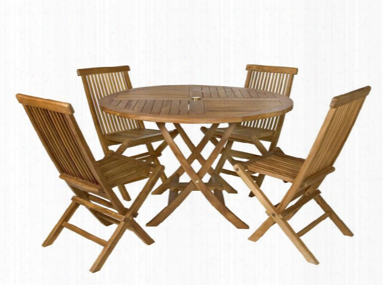 Tt5p 5-piece Patio Set With Round Folding Table And Four Folding Chairs In Light Teak