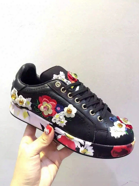 Best Quality! Brand Black White Fflower Sequins Genuine Real Leather Designer Sneakers Shoes Vogue Runway D Casual Floral