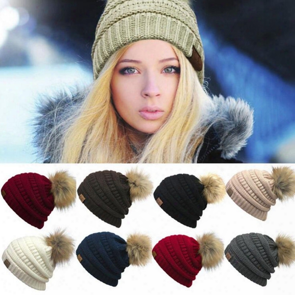 Cc Beanies Autumn Winter Knitted Skullies Casual Outdoor Hat Solid Ribbed Beanie With Pom 9 Colors Ooa2717