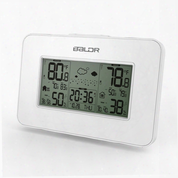 White Baldr Weather Station Clock Indoor Outdoor Temperature Humidity Display Wireless Weather Forecast Alarm Snooze Blue Backlight