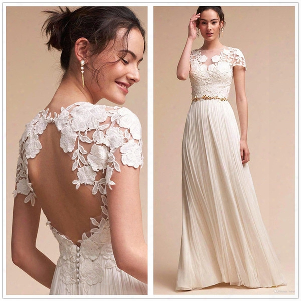 2018 Sheer Short Sleeves Lace Wedding Dresses Tulle Hollow Back Beaded Sash F Looor Length Summer Beach Bohemian  Outdoor Wedding Bridal Gown