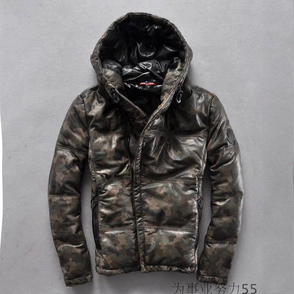 Camouflage Genuine Leather Down Jackets Brand Oblique Zipper Outdoor Down Coats With Hoody